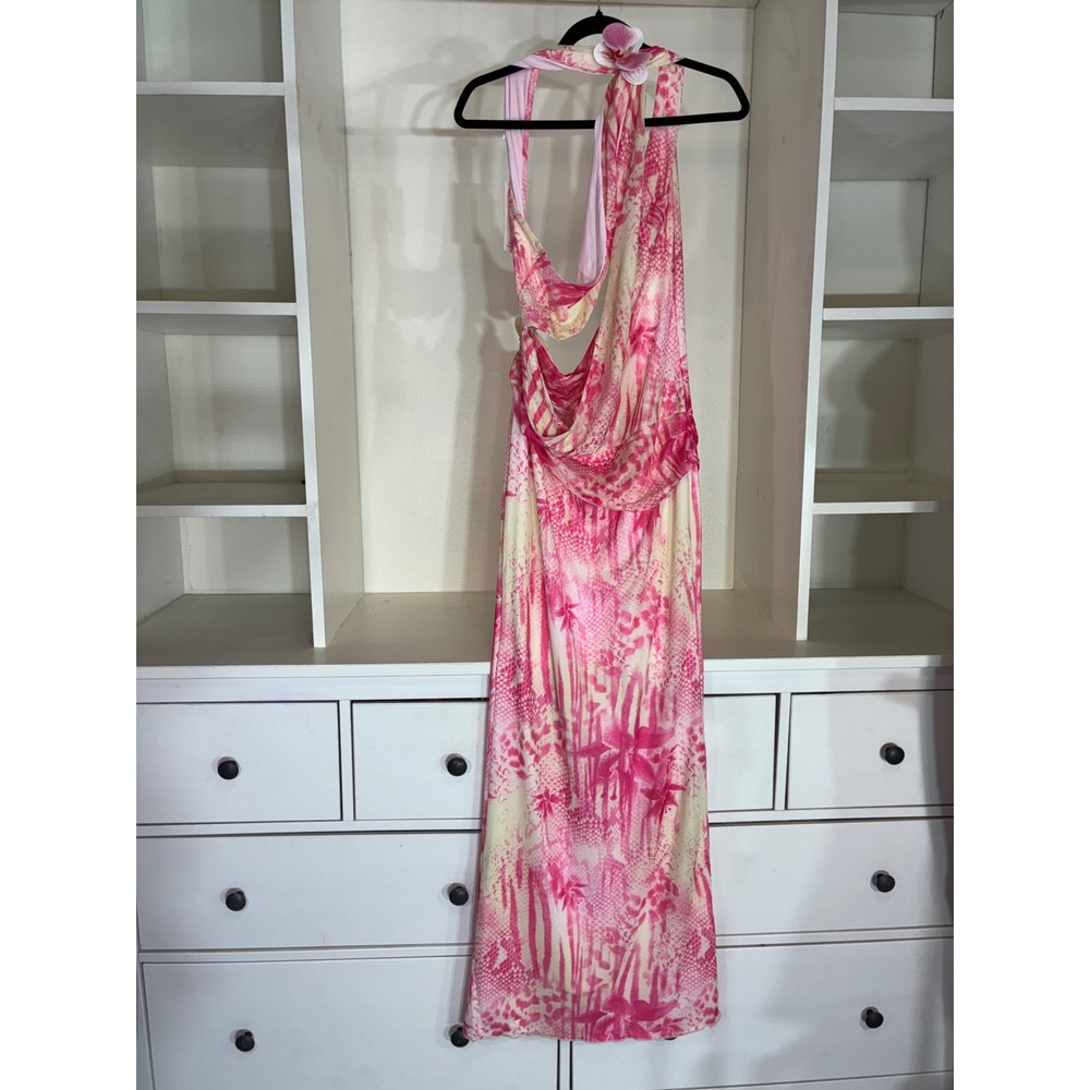 Outcast Shar Maxi Dress Women XL Pink Luella Snake Print Cut Out One Shoulder